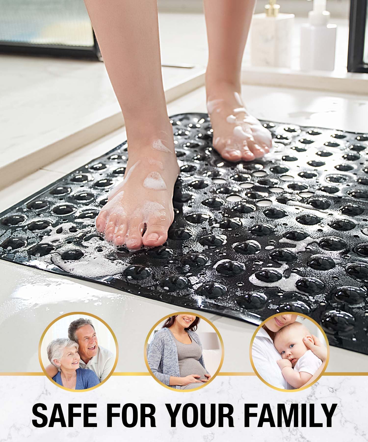 Square Shower Mat丨 21x21 Inch Bath Mat for Tub丨With Suction Cups and Drain Holes丨Machine Washable Bathroom Shower Stall Floor Mat