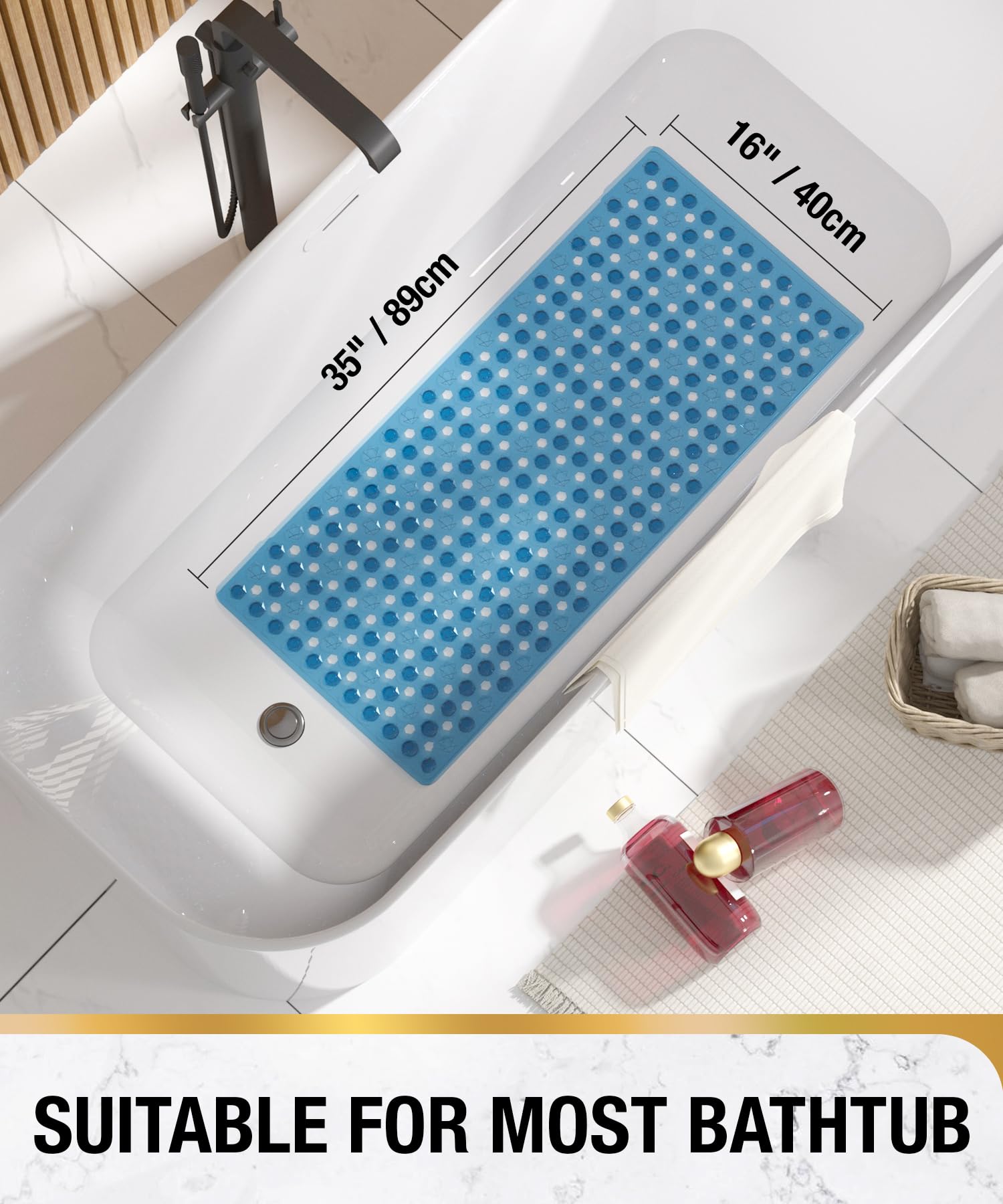 Bathtub Mat 35'' x 16 ''丨 Long Bath Mat for Tub丨Machine Washable Bathroom Shower Mat with Suction Cups and Drain Holes丨Quick Dry and Easy to Clean, Bathroom Accessories
