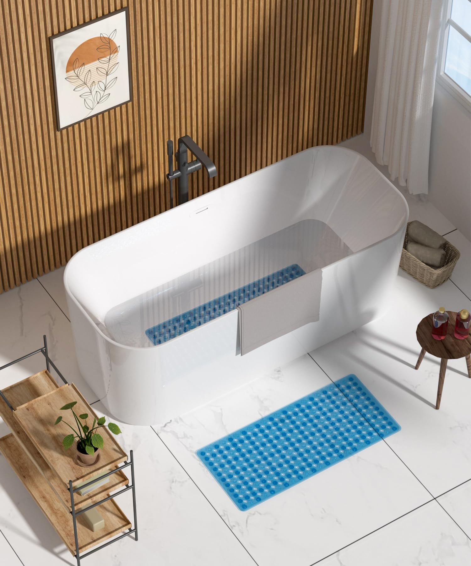 Bathtub Mat 35'' x 16 ''丨 Long Bath Mat for Tub丨Machine Washable Bathroom Shower Mat with Suction Cups and Drain Holes丨Quick Dry and Easy to Clean, Bathroom Accessories