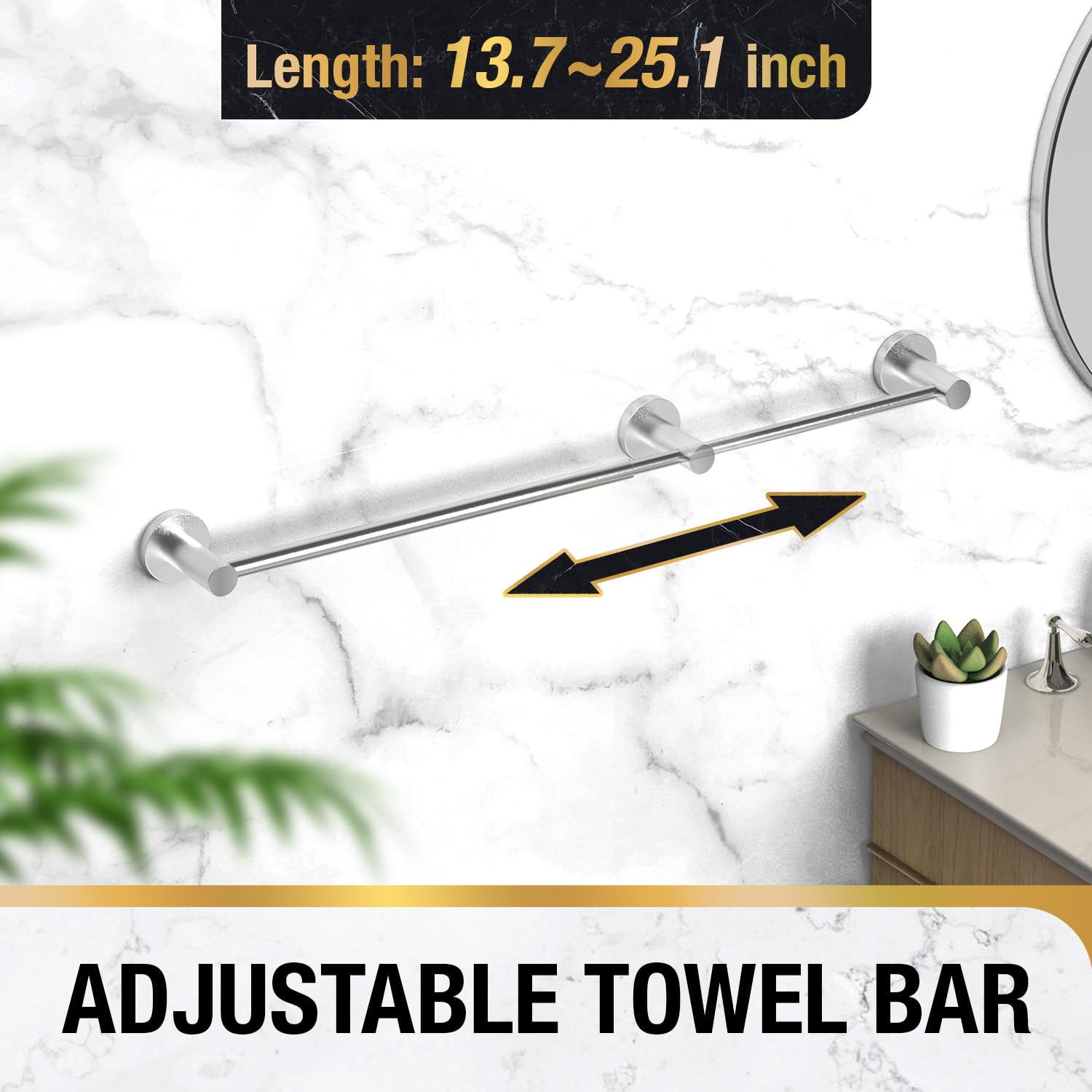 Towel Rack Wall Mounted Adjustable 13.7 to 25.1 Inch丨Towel Bar for Bathroom 丨Towel Rack Wall Mounted丨Modern Home Decor Bath Towel Holder