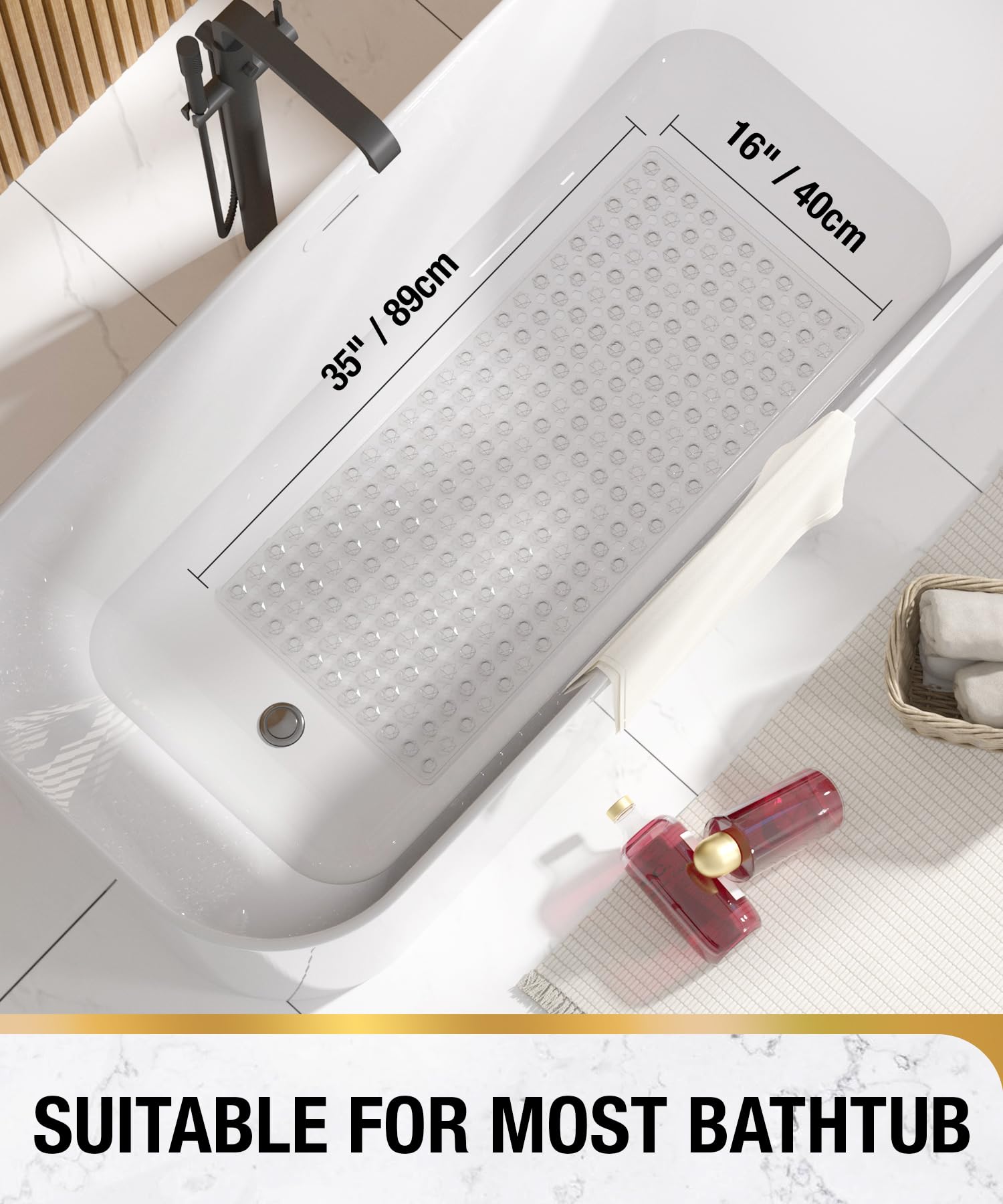 Bathtub Mat 35'' x 16 ''丨 Long Bath Mat for Tub丨Machine Washable Bathroom Shower Mat with Suction Cups and Drain Holes丨Quick Dry and Easy to Clean, Bathroom Accessories