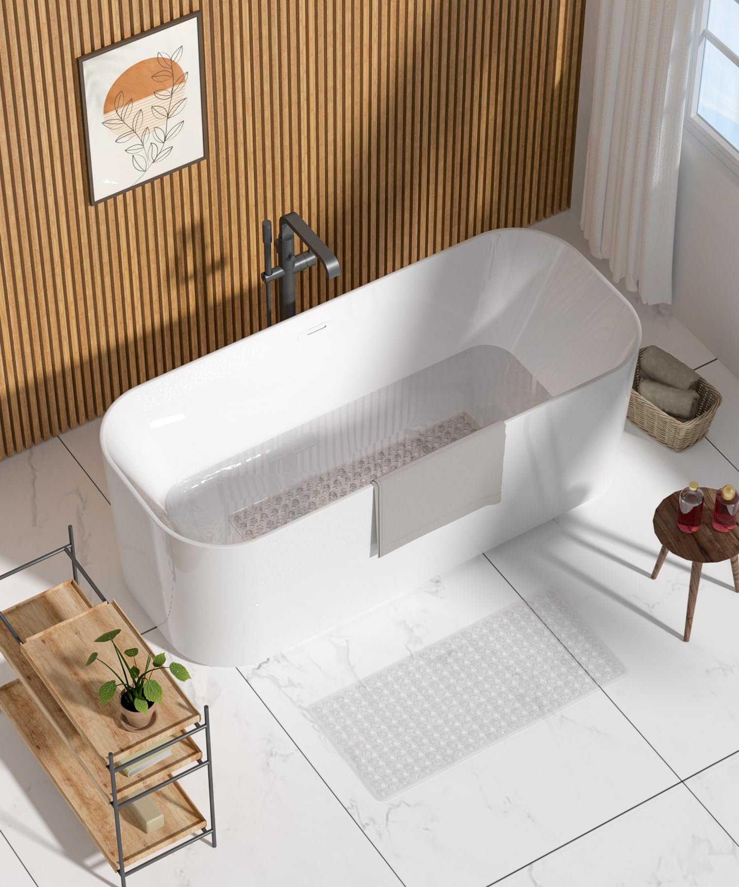 Bathtub Mat 35'' x 16 ''丨 Long Bath Mat for Tub丨Machine Washable Bathroom Shower Mat with Suction Cups and Drain Holes丨Quick Dry and Easy to Clean, Bathroom Accessories