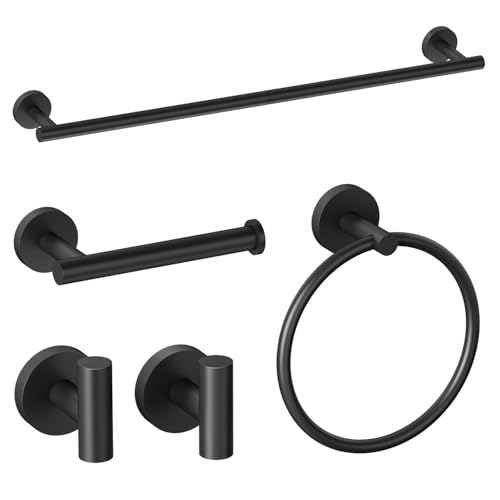 Matte Black Bathroom Accessories Set丨Stainless Steel Bathroom Hardware Set Wall Mounted丨Includes 25.7 Inch Towel Bar丨Towel Ring丨Robe Towel Hooks丨Toilet Paper Holder