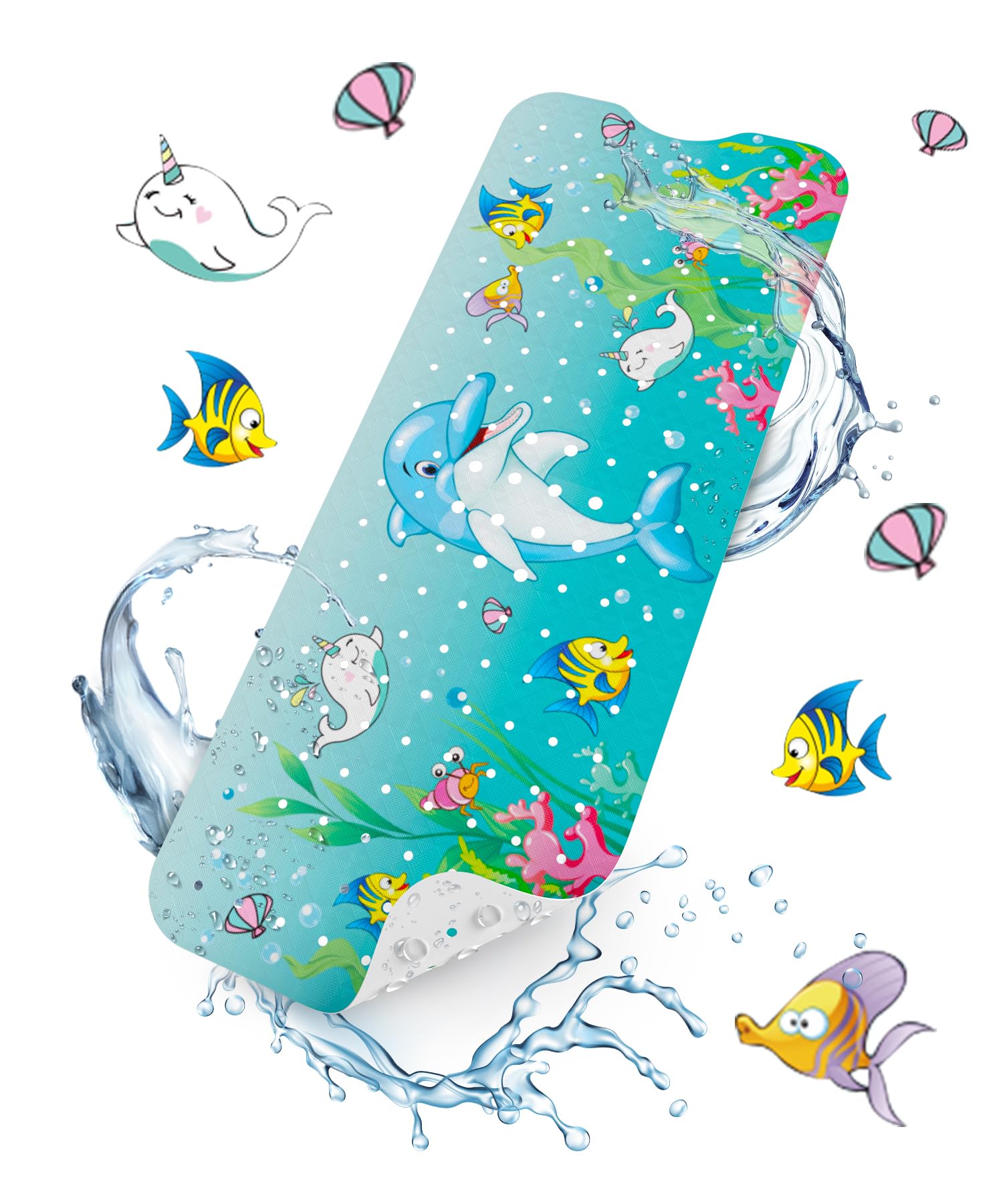 Baby Bath Mat丨Bathroom Shower Mat with Suction Cups and Drain Holes丨Soft on Feet, Clear Blue