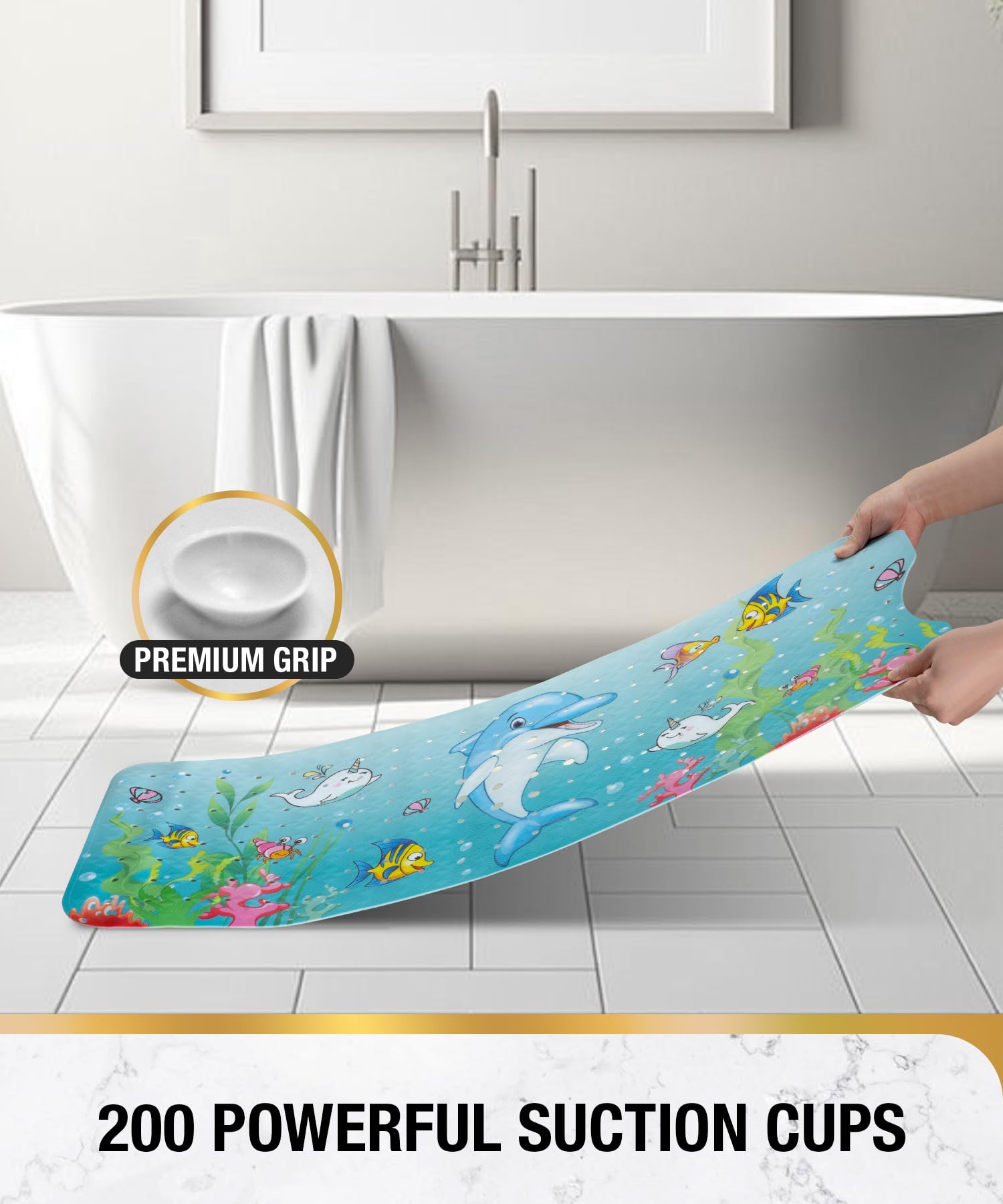 Baby Bath Mat丨Bathroom Shower Mat with Suction Cups and Drain Holes丨Soft on Feet, Clear Blue