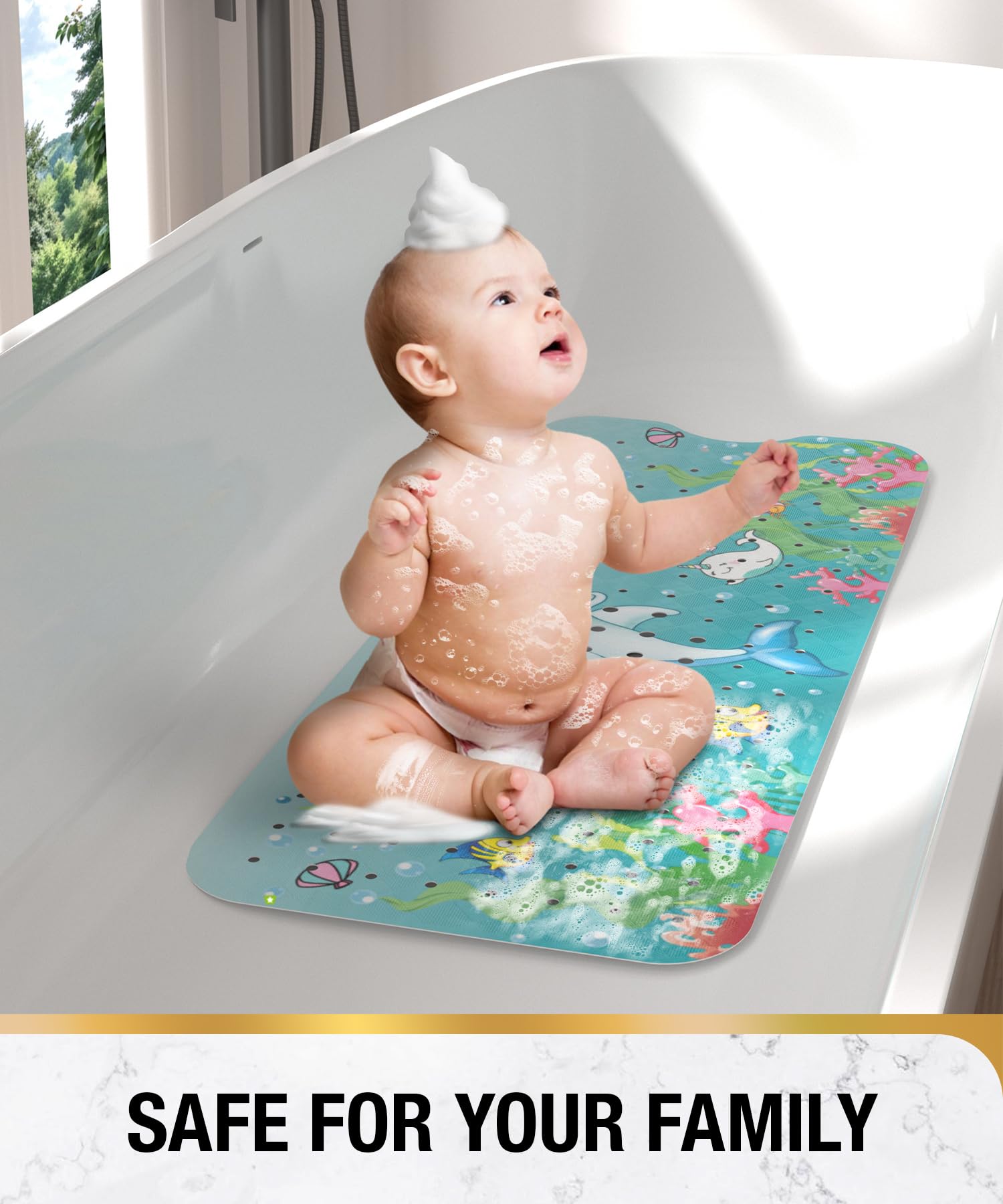 Baby Bath Mat丨Bathroom Shower Mat with Suction Cups and Drain Holes丨Soft on Feet, Clear Blue