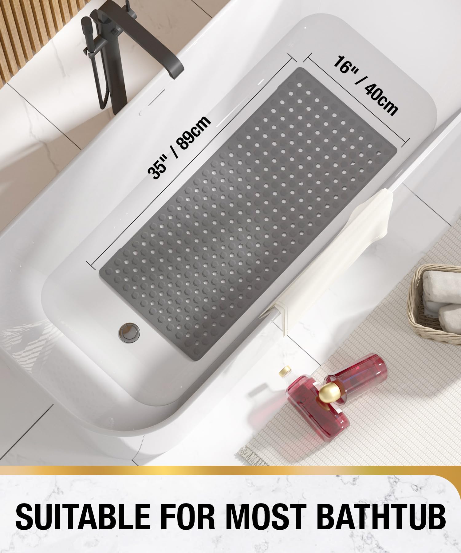 Bathtub Mat 35'' x 16 ''丨 Long Bath Mat for Tub丨Machine Washable Bathroom Shower Mat with Suction Cups and Drain Holes丨Quick Dry and Easy to Clean, Bathroom Accessories