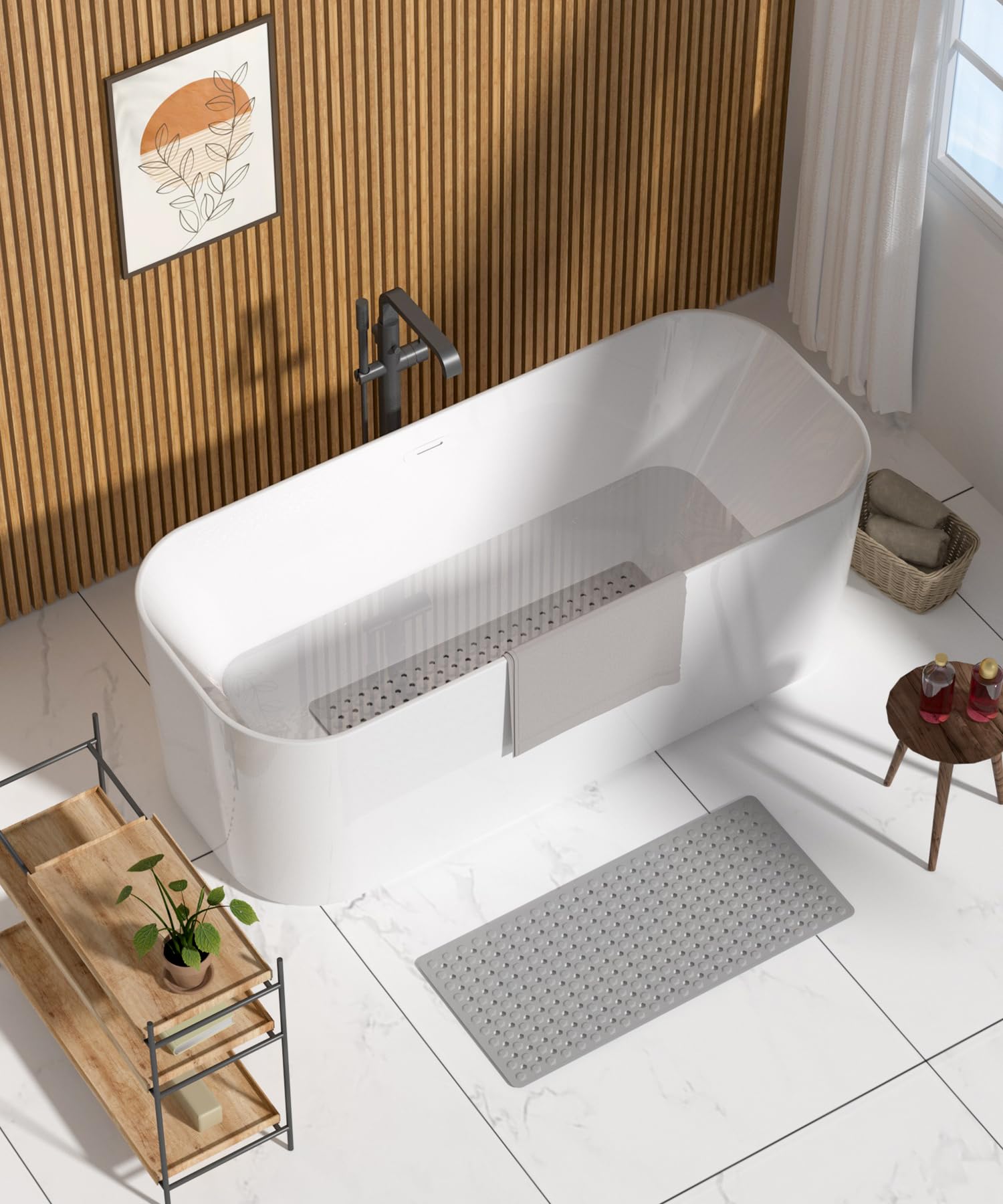 Bathtub Mat 35'' x 16 ''丨 Long Bath Mat for Tub丨Machine Washable Bathroom Shower Mat with Suction Cups and Drain Holes丨Quick Dry and Easy to Clean, Bathroom Accessories