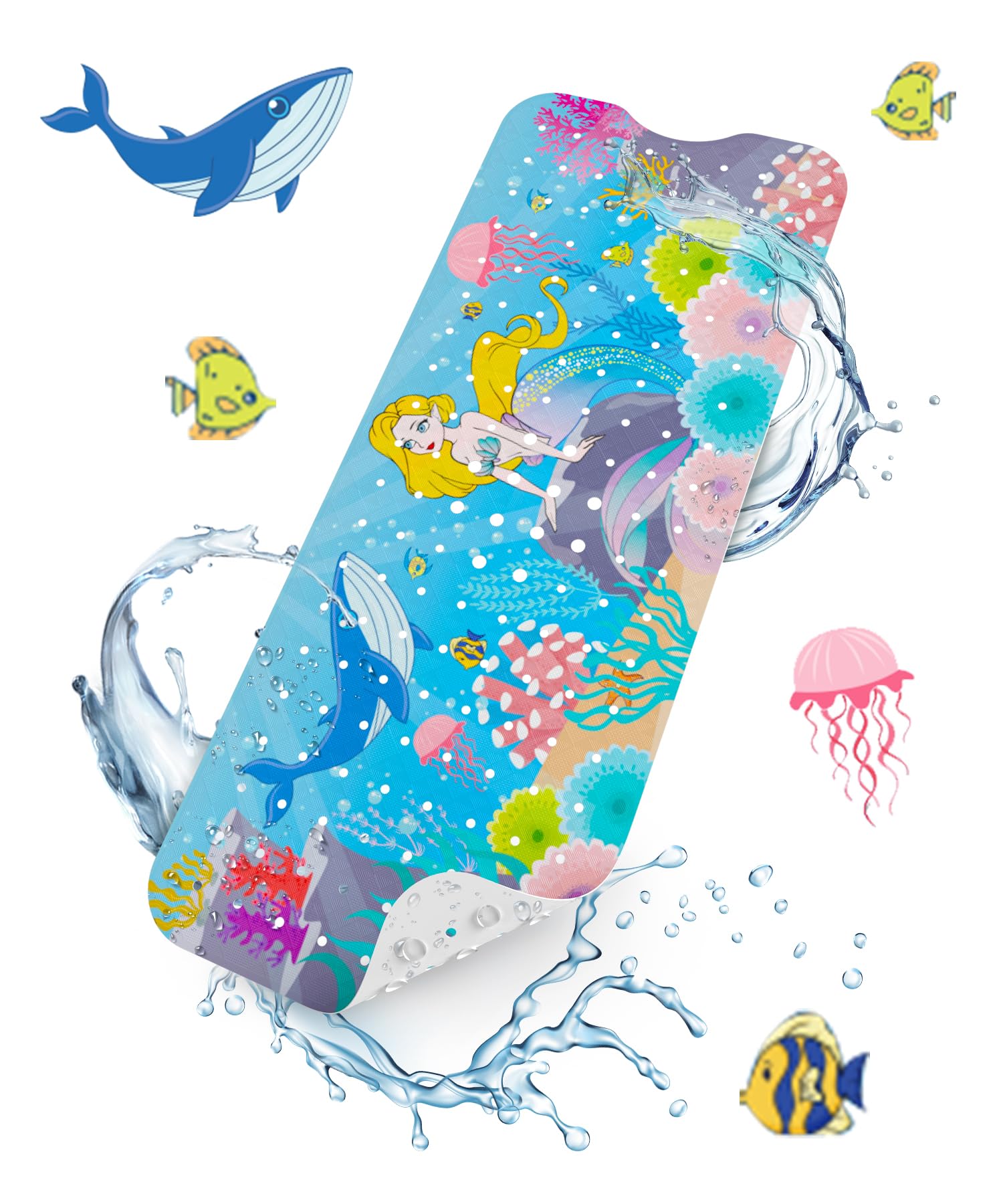 Baby Bath Mat丨Bathroom Shower Mat with Suction Cups and Drain Holes丨Soft on Feet, Clear Blue