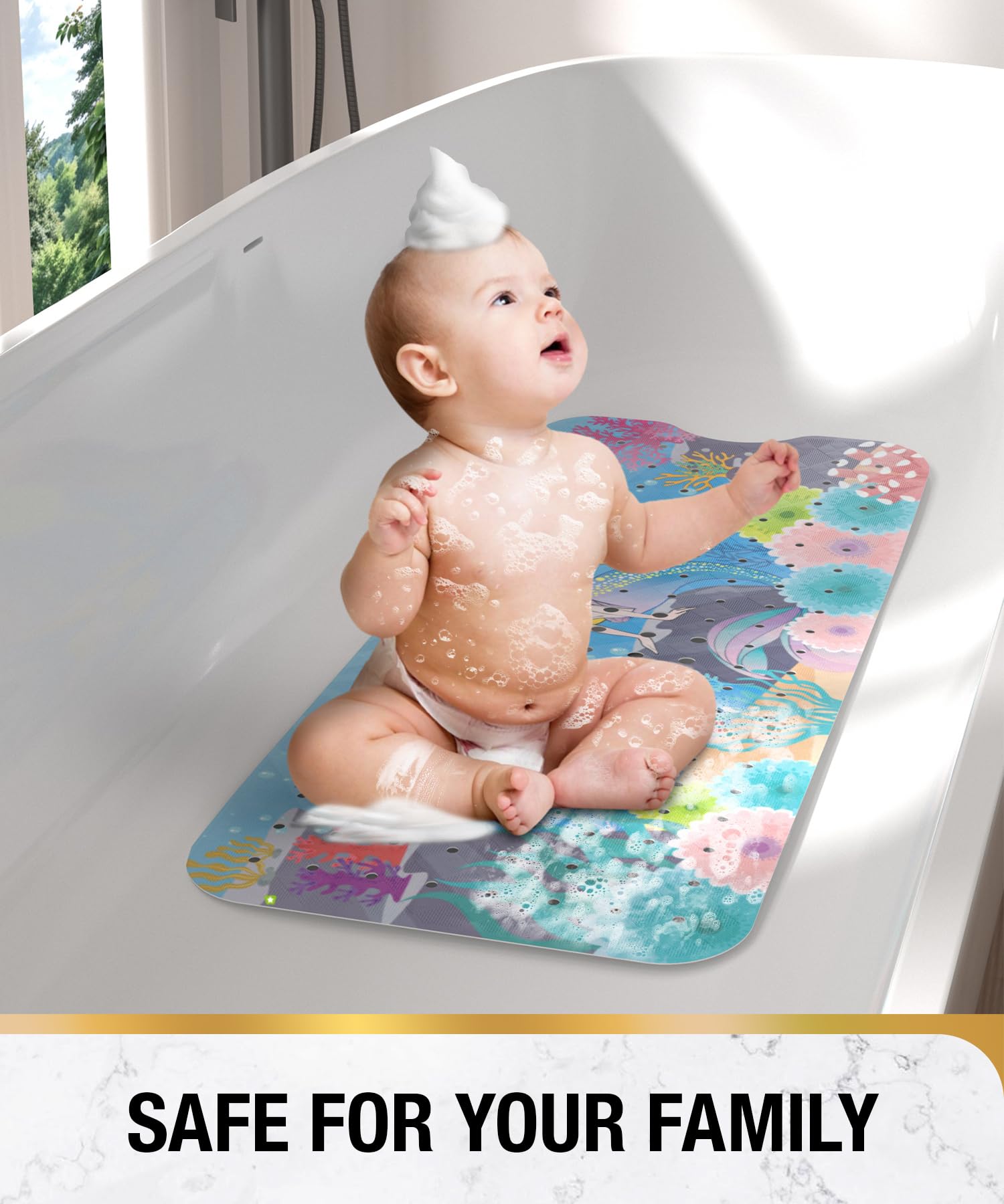 Baby Bath Mat丨Bathroom Shower Mat with Suction Cups and Drain Holes丨Soft on Feet, Clear Blue