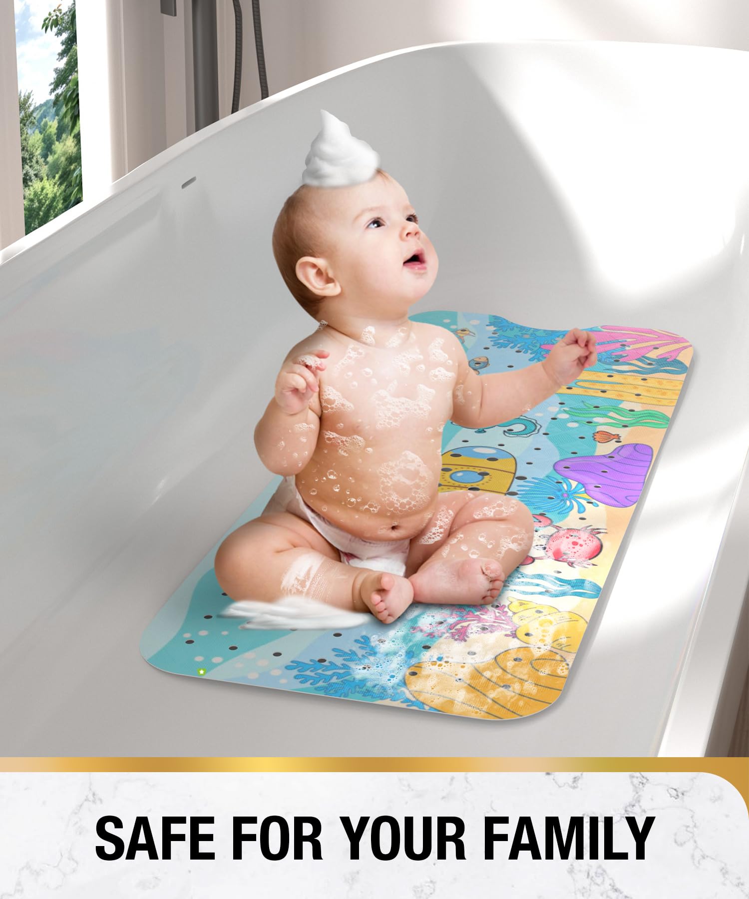 Baby Bath Mat丨Bathroom Shower Mat with Suction Cups and Drain Holes丨Soft on Feet, Clear Blue