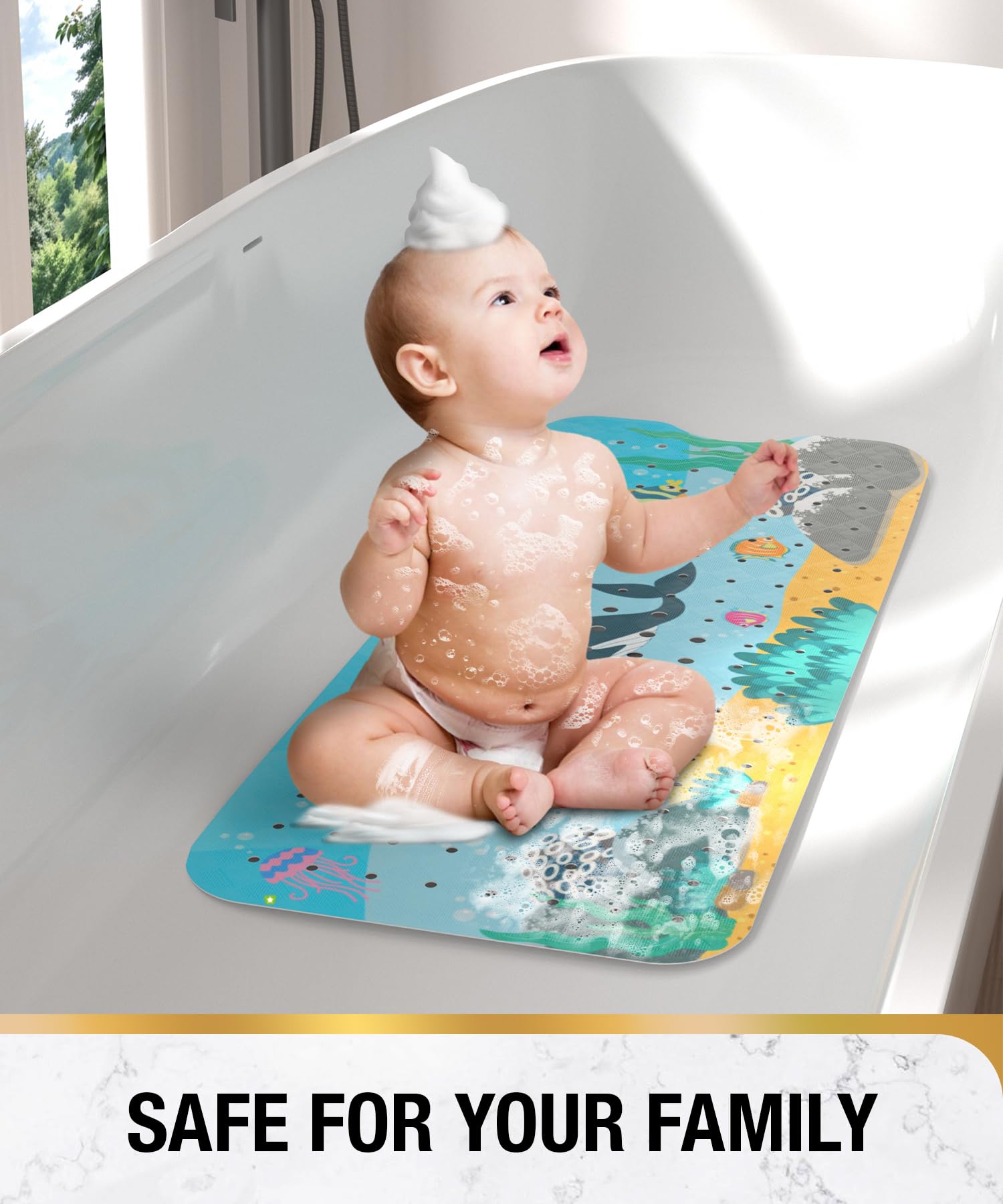 Baby Bath Mat丨Bathroom Shower Mat with Suction Cups and Drain Holes丨Soft on Feet, Clear Blue