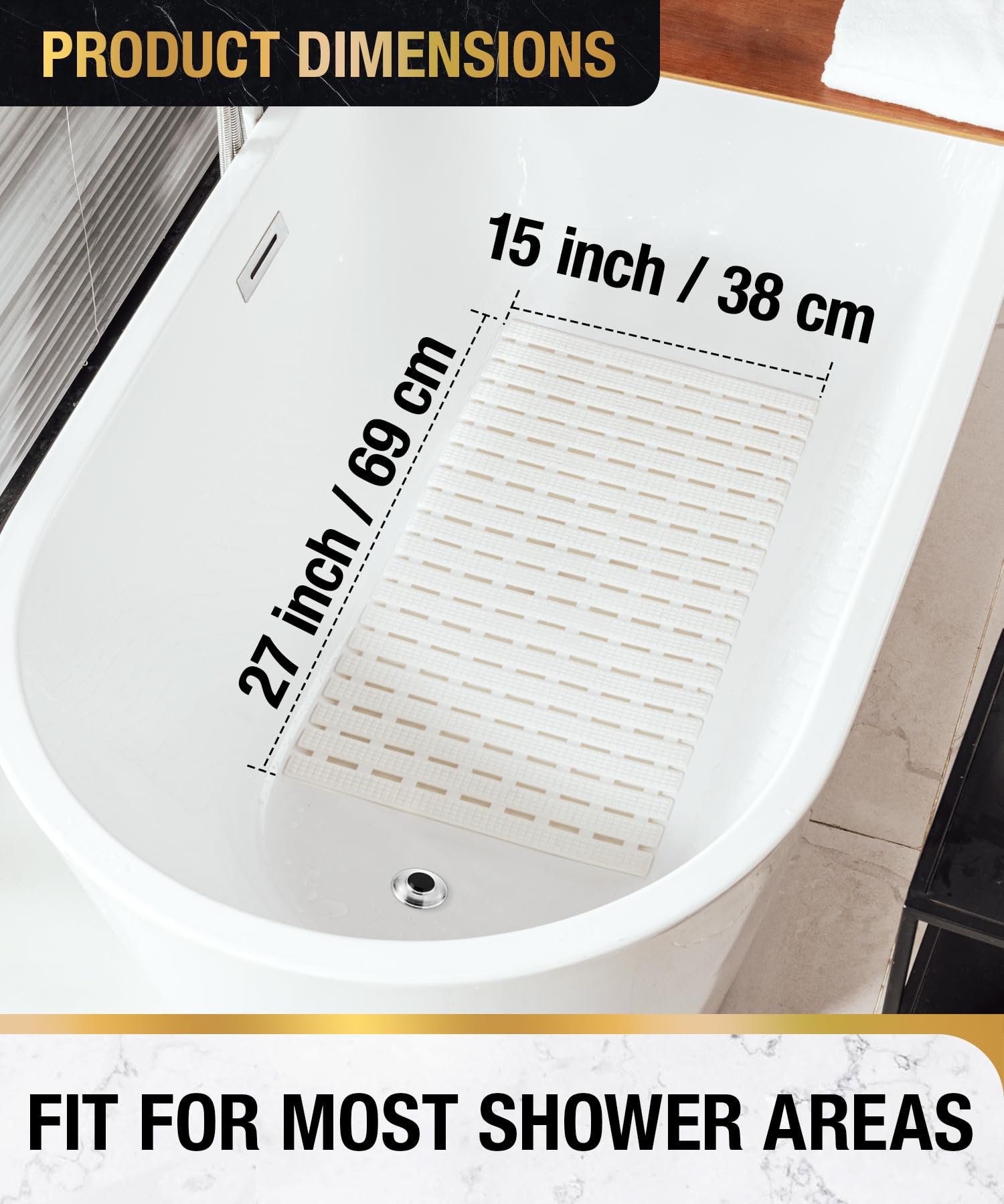 Bath Mat 27x15 Inch丨Shower and Bathtub Mat Non Slip丨27x15 Inch Bath Mat for Tub丨Quick Drain Bath Tub Mat, Shower Floor Mat with Suction Cups