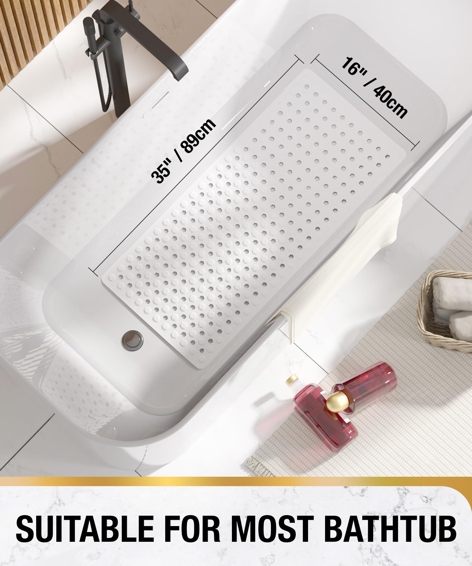 Bathtub Mat 35'' x 16 ''丨 Long Bath Mat for Tub丨Machine Washable Bathroom Shower Mat with Suction Cups and Drain Holes丨Quick Dry and Easy to Clean, Bathroom Accessories