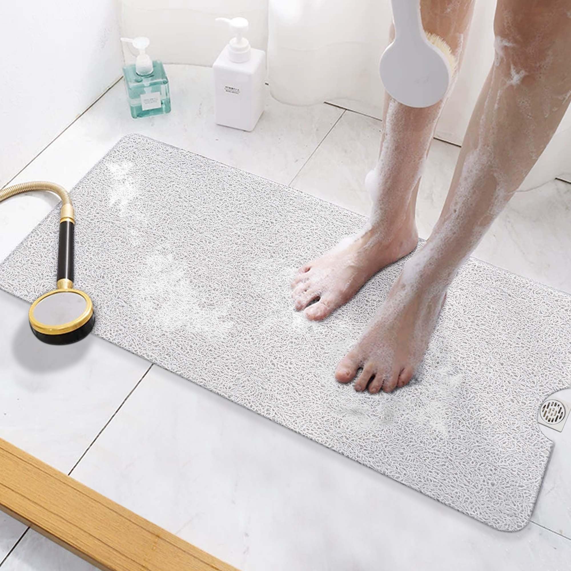 Bathtub Mat 40 x 16 Inch丨 Extra Long Bath Mat for Tub丨Soft PVC Loofah Shower Floor Mat with Drain丨Quick Drying Bathroom Tub Mat for Wet Area